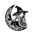 Beautiful young witch lady wearing traditional cone hat and moon crescent  black vector outline Royalty Free Stock Photo