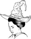 beautiful witch with long hair wearing traditional hat - halloween sorceress costume black and white vector portrait