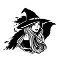 Beautiful young witch lady wearing traditional cone hat and black raven bird vector outline portrait Royalty Free Stock Photo