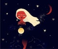 Beautiful witch in mantle walk in starry moon night. Mystic illistration of magician female