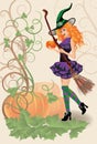 Beautiful witch and pumpkin, halloween card