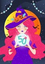 Beautiful witch with sale magic ball for halloween sale promotion design