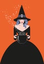 Beautiful witch wearing hat and black dress holding a magic cauldron casting a spell Royalty Free Stock Photo