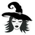 Beautiful witch wearing vintage hat. Isolated face