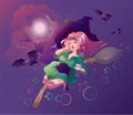 Beautiful witch woman flying on broomstick. Halloween night