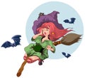 Beautiful witch woman flying on broomstick. Halloween story