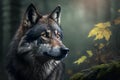 Beautiful wolf in the forest. Portrait of a wolf.