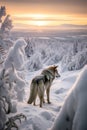 Beautiful Wolf in a snowy forest with stunning winter landscape in the background at sunset. Amazing Wildlife. Generative Ai Royalty Free Stock Photo