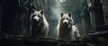 Beautiful wolves in the ruins of an ancient city