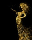 Beautiful Woman abstract figure formed by gold color particles on the black background. Bright banner with beautiful