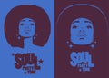 Beautiful woman with afro style curly hair, acid colors. Psychedelic makeup. Poster music soul, funk or disco style 60s or 70s