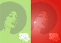 Beautiful woman with afro style curly hair, acid colors. Psychedelic makeup. Poster music soul, funk or disco style 60s or 70s