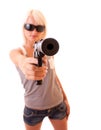 Beautiful woman aiming with gun isolated Royalty Free Stock Photo