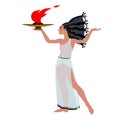 A beautiful woman in an ancient Greek tunic carries a burning bronze lamp. A dancing priestess with torch.