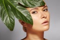 Beautiful woman applies Organic Cosmetic. Spa and Wellness. Model with Clean Skin. Healthcare. Picture with leaf Royalty Free Stock Photo
