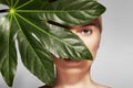 Beautiful woman applies Organic Cosmetic. Spa and Wellness. Model with Clean Skin. Healthcare. Picture with leaf Royalty Free Stock Photo