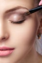 Beautiful woman applying brown eye shadow using makeup brush. makeup for blue eyes Royalty Free Stock Photo