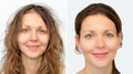 Beautiful woman before and after applying make-up and hairstyling