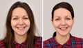 Beautiful woman before and after applying make-up, hairstyling and teeth whitening Royalty Free Stock Photo