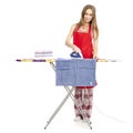 Beautiful woman in apron stack towels clean ironing board iron Royalty Free Stock Photo