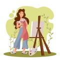 Beautiful woman artist painter working on canvas at easel. Cartoon female character