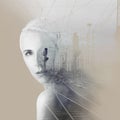 Beautiful woman artwork with rails and urban landscape, double exposure, overlay