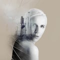 Beautiful woman artwork with rails and urban landscape, double exposure, overlay