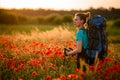 Beautiful woman with backpack and walking sticks stands on field of poppies and looks away Royalty Free Stock Photo