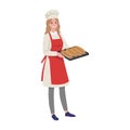 Beautiful woman baker standing with a baking tray with cookies. Cartoon female character at work. Bakery products and pastries