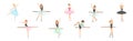 Beautiful Woman Ballerina Character with Slim Body in Pointe Shoes Do Pirouette Vector Set