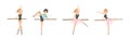 Beautiful Woman Ballerina Character with Slim Body in Pointe Shoes Do Pirouette Vector Set