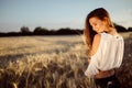 Beautiful woman and barley fields Royalty Free Stock Photo