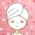Beautiful woman in bathroom with head towel making cosmetic procedures. Facial mask, face wash. Young girl portrait. Cartoon chara Royalty Free Stock Photo
