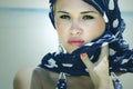 Beautiful woman on the beach.Arabian style.Summer.freckles