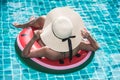 Beautiful woman bikini in inflatable watermelon Royalty Free Stock Photo