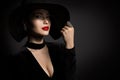 Beautiful Woman in Black Hat, Elegant Lady Beauty Studio Portrait in Black Dress Royalty Free Stock Photo