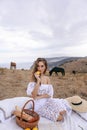 Beautiful woman with blond hair in elegant dress having picnic with mountains view Royalty Free Stock Photo