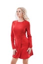 Beautiful Woman Blonde Fashion Model in red dress isolated on white Royalty Free Stock Photo