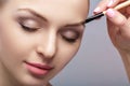 Beautiful woman blonde uses professional brush for eyebrow makeup. Royalty Free Stock Photo