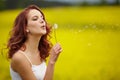 Beautiful woman blowing dandelion in the field Royalty Free Stock Photo