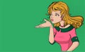 Beautiful woman blowing on palm hand. Retro Comic cartoon illustration