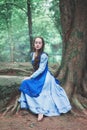 Beautiful woman in blue medieval dress sitting