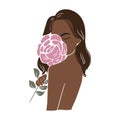 Beautiful woman in boho style with a rose stands with her back. Stock vector illustration isolated on white background.