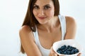 Beautiful Woman With Bowl Of Blueberries. Healthy Diet Nutrition Royalty Free Stock Photo