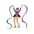 Beautiful Woman in Bright Mardi Gras Costume Celebrating Carnival Party, Girl Dansing with Ribbons Vector Illustration