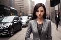 Beautiful woman in business suit on background of metropolitan. Elegant businesswoman in classic style in downtown