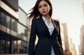 Beautiful woman in business suit on background of metropolitan. Elegant businesswoman in classic style in downtown