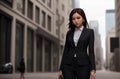 Beautiful woman in business suit on background of metropolitan. Elegant businesswoman in classic style in downtown