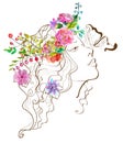 Beautiful woman with butterfly and flowers,doodle illustration w