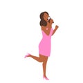 Beautiful woman cartoon character in elegant dress singing in microphone vector illustration